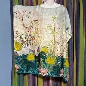 NWT$270 Johnny Was SMALL Pribasa Silk Eyelet Poncho Cranes Lillies